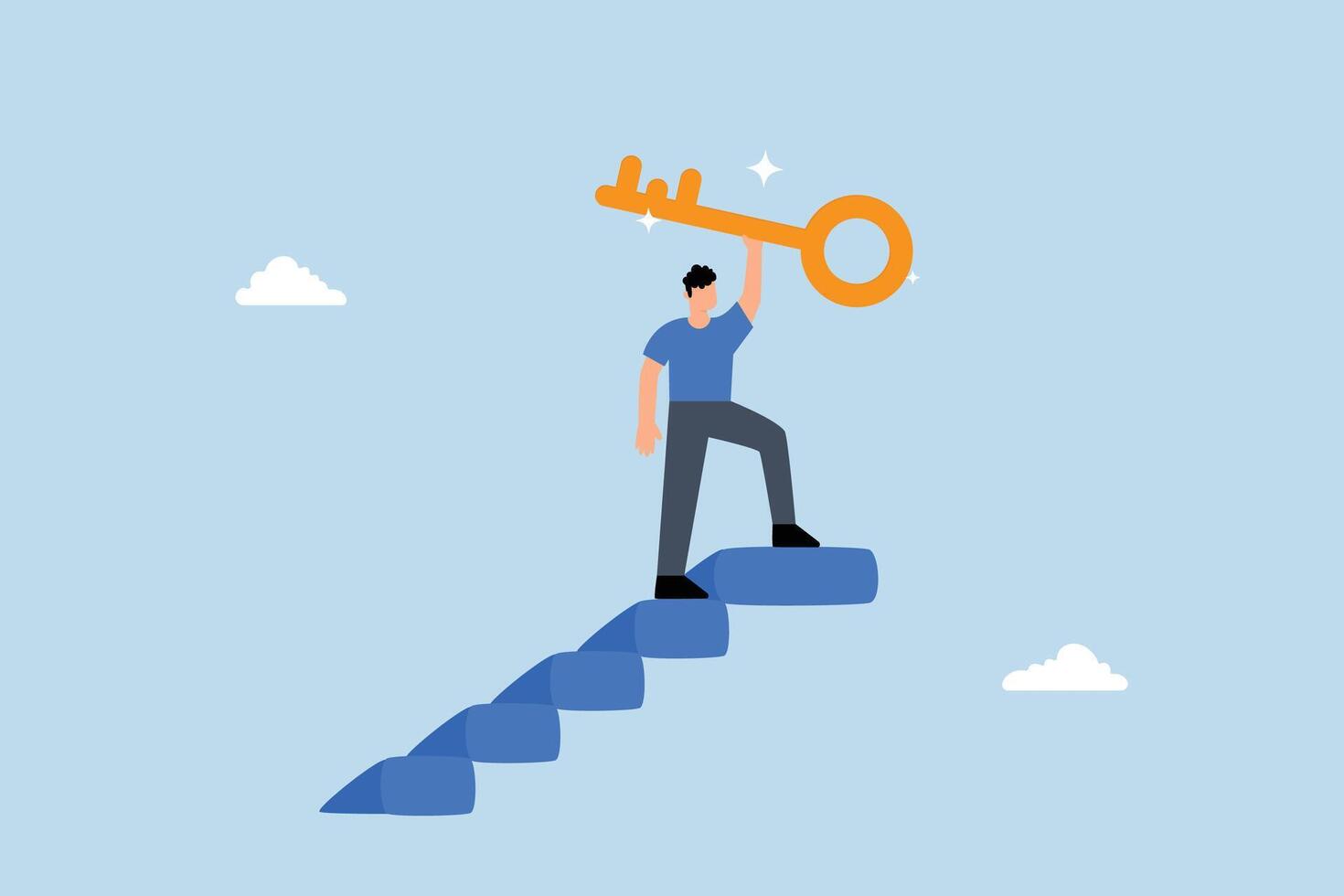 winning businessman walks to top of stairs, raising golden success key to sky. vector