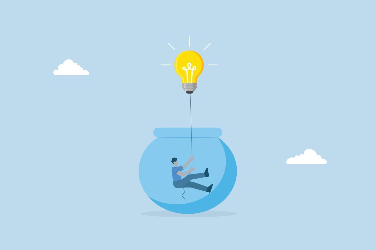 businessman climbs string from light bulb with an idea to escape from prison fish bowl. vector