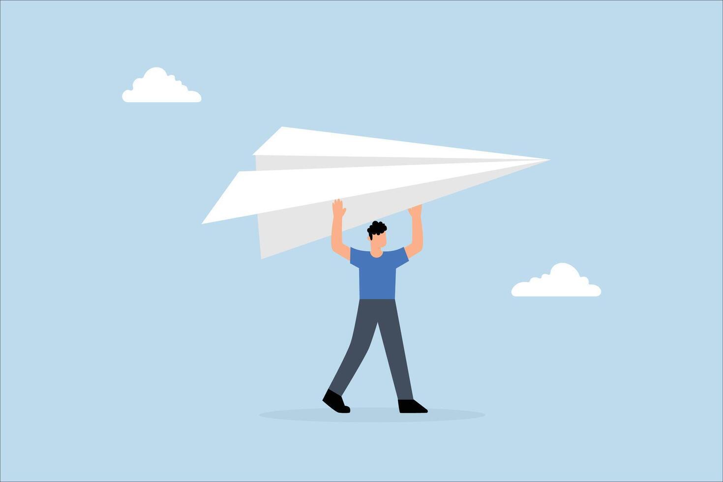 Start new business, determined entrepreneur who introduces massive origami paper airplane. vector