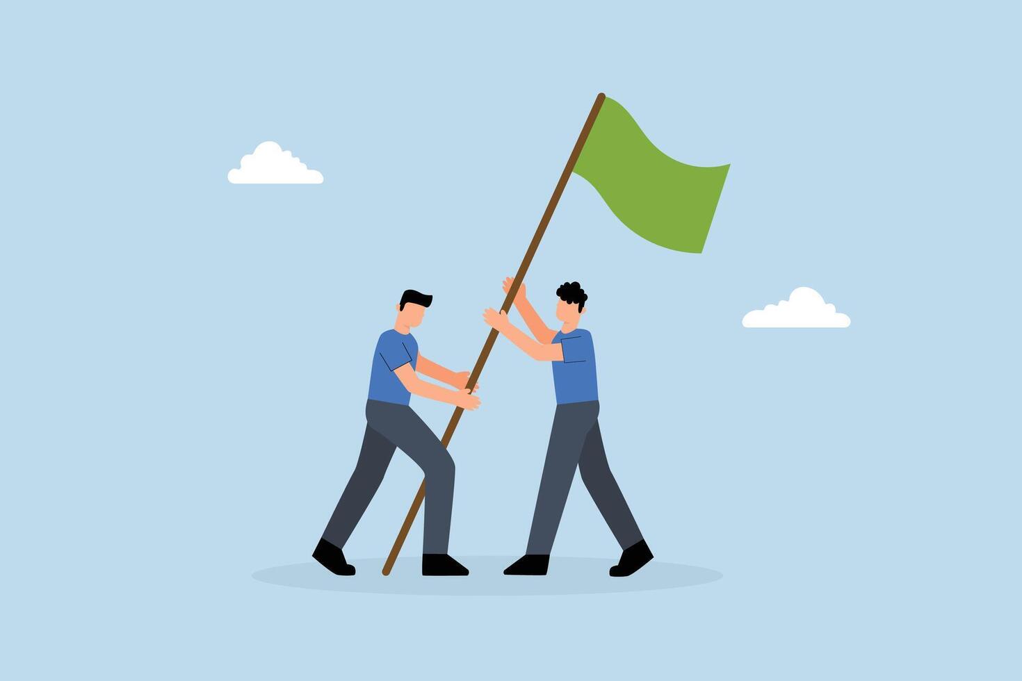 teamwork of businessman helps raise the victory flag. vector