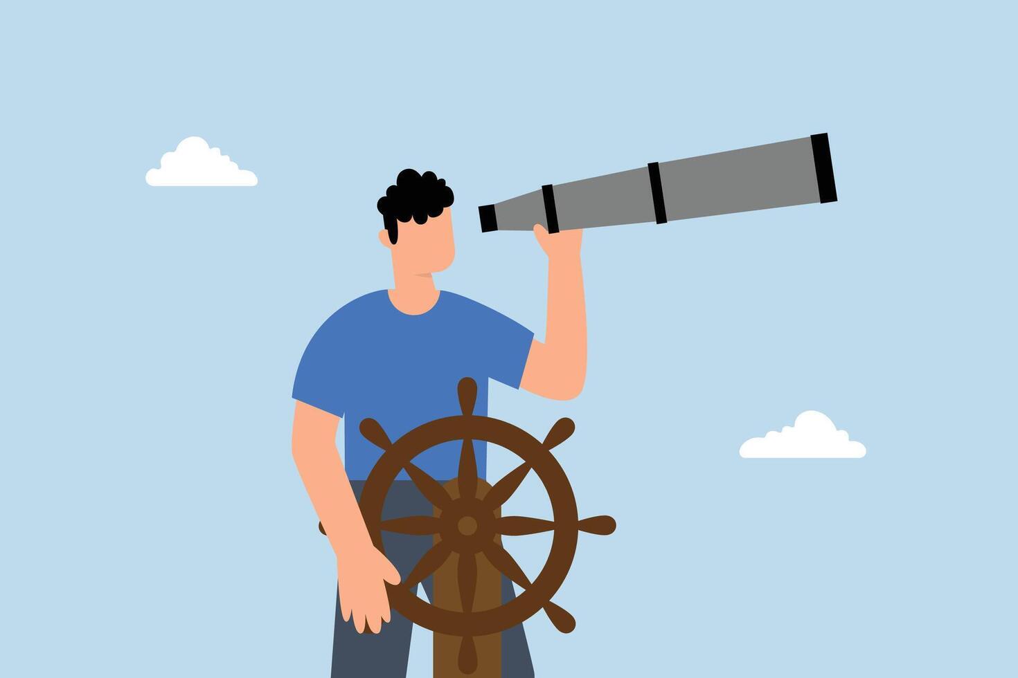 businessman boat captain directs the rudder with telescopic sight. vector