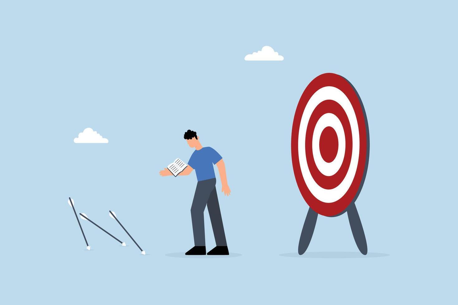 Learn from failure, entrepreneur with a book reflecting on missed goals, analyzing errors. vector