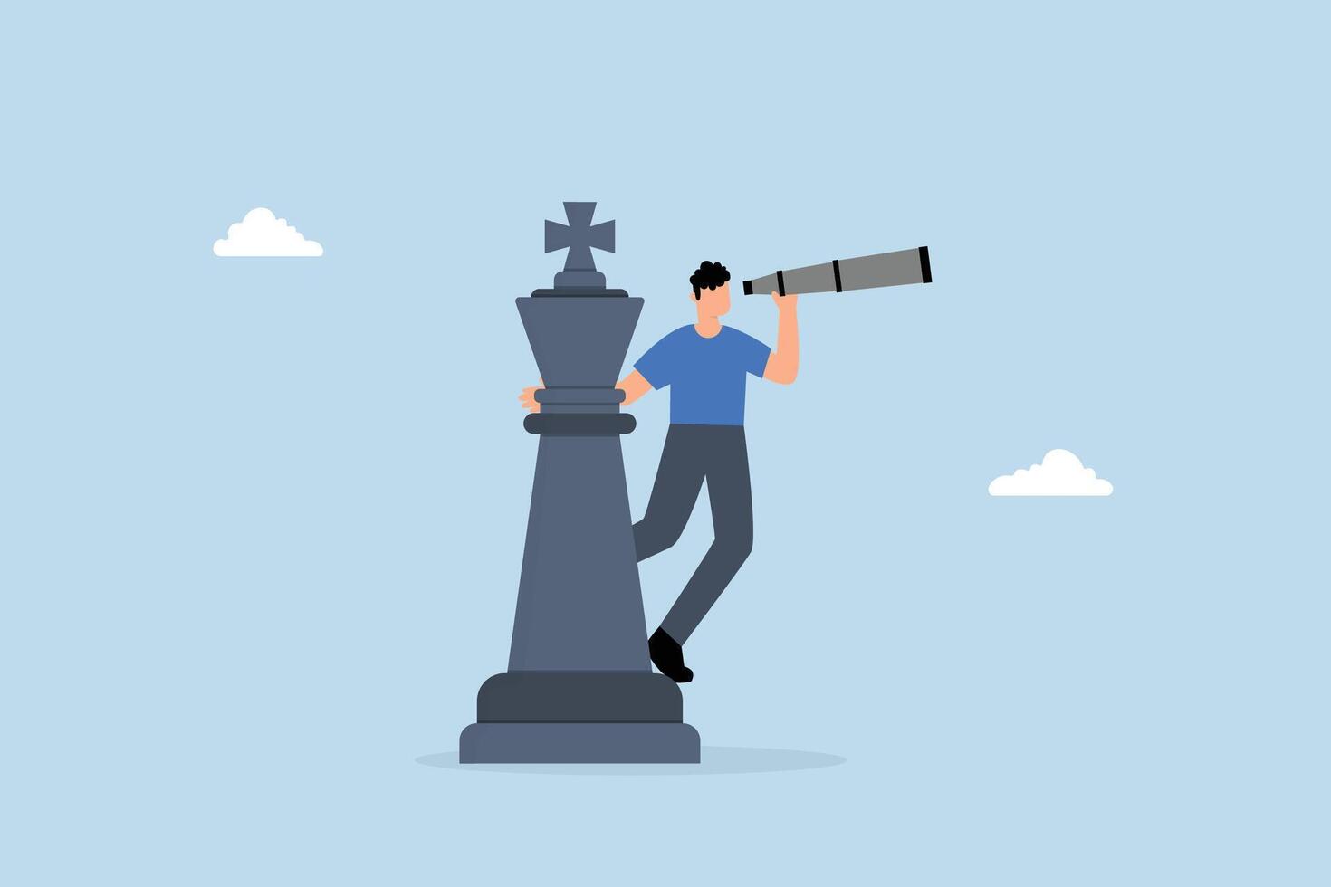 businessman manager standing on king chess piece using telescope to see business vision. vector