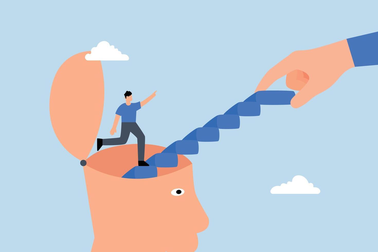 Personal development, entrepreneur ascending stairs originating from his own mind. vector
