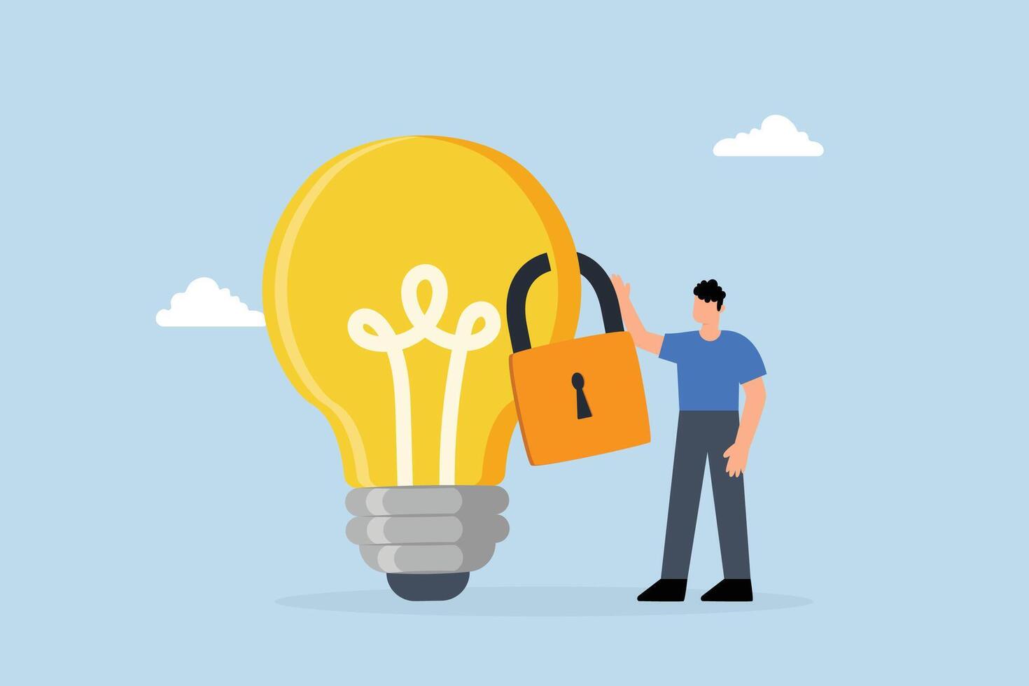 Intellectual property, entrepreneur holding glowing light bulb concept for secured padlock trademarks. vector