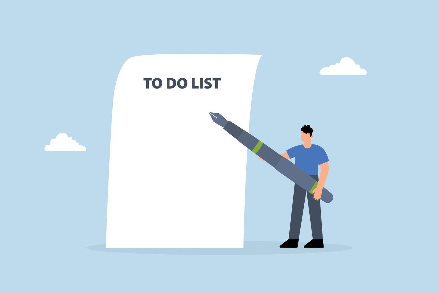 Long to do list, Businessman holding big pen considered making several to do lists on lengthy sheet of paper. vector
