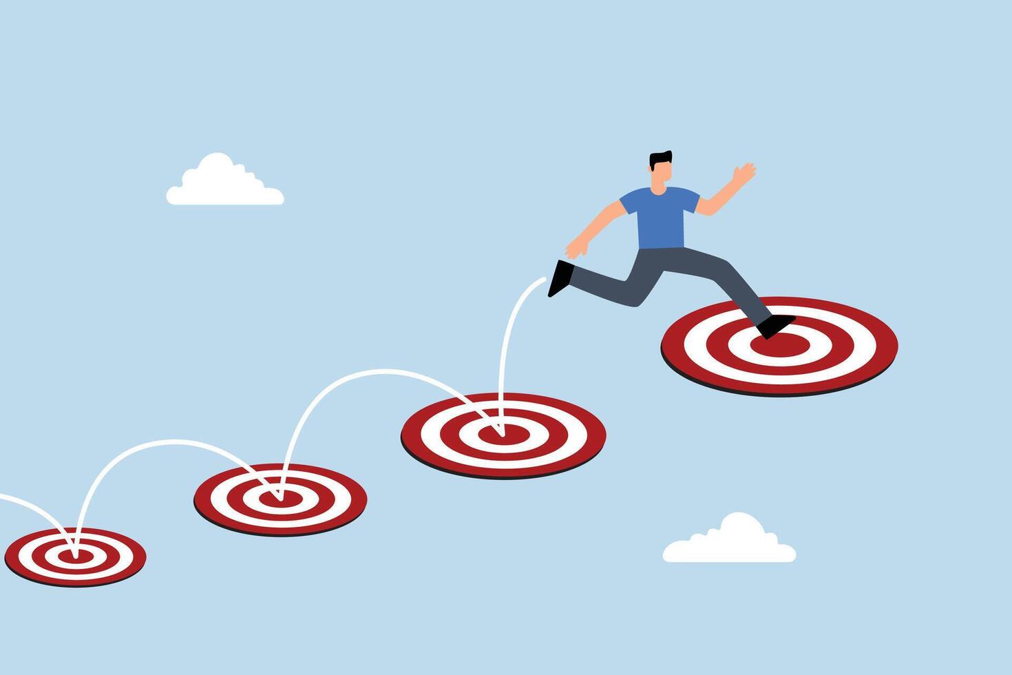 businessman jumping on bigger and higher archery bulls eye. vector