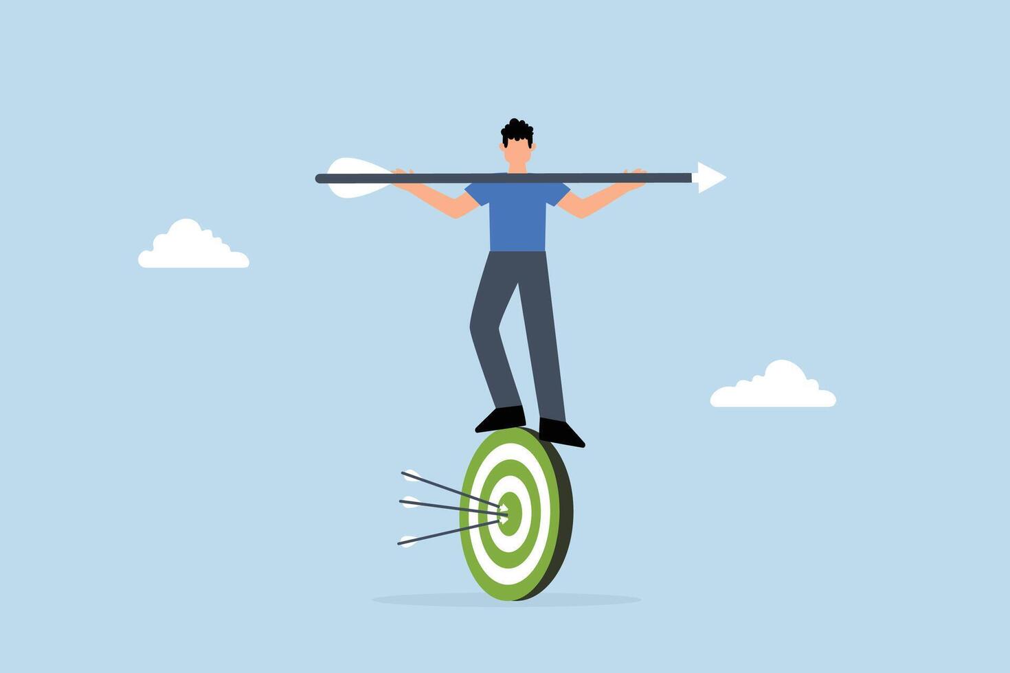 businessman balances and directs rotating archery target with arrow hit bullseye vector