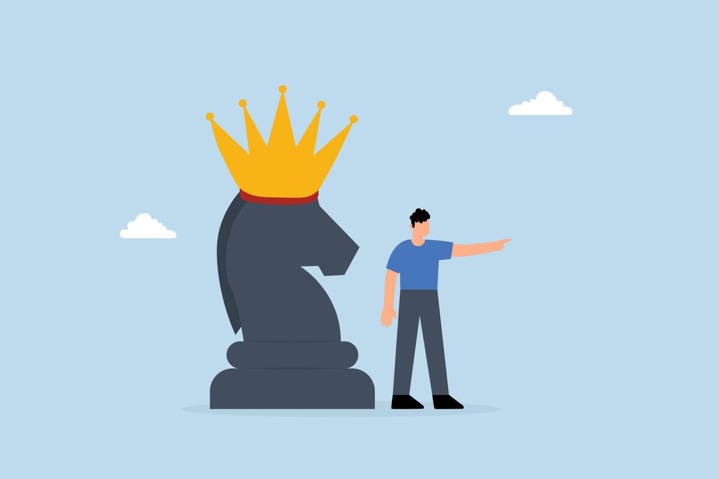 businessman pointing finger to direct with chess knight with royal crown. vector