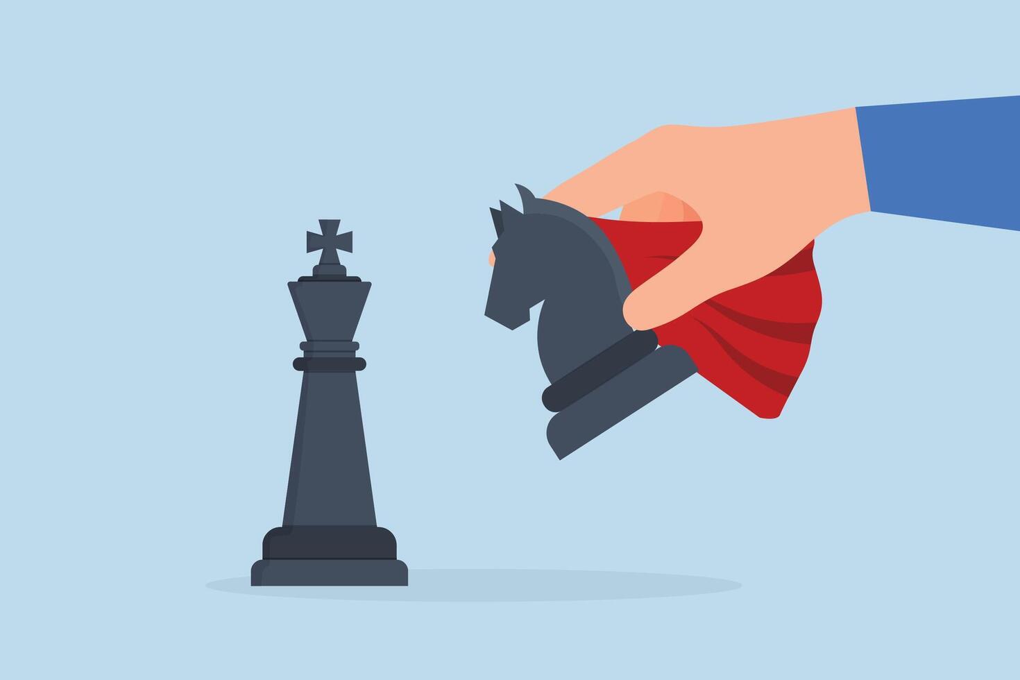 businessman holding super powerful knight chess piece to enter winning move. vector