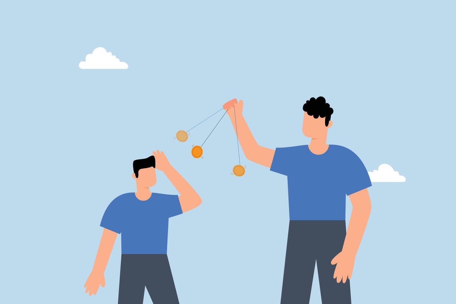 business owner uses a clock to hypnotize his employees. vector