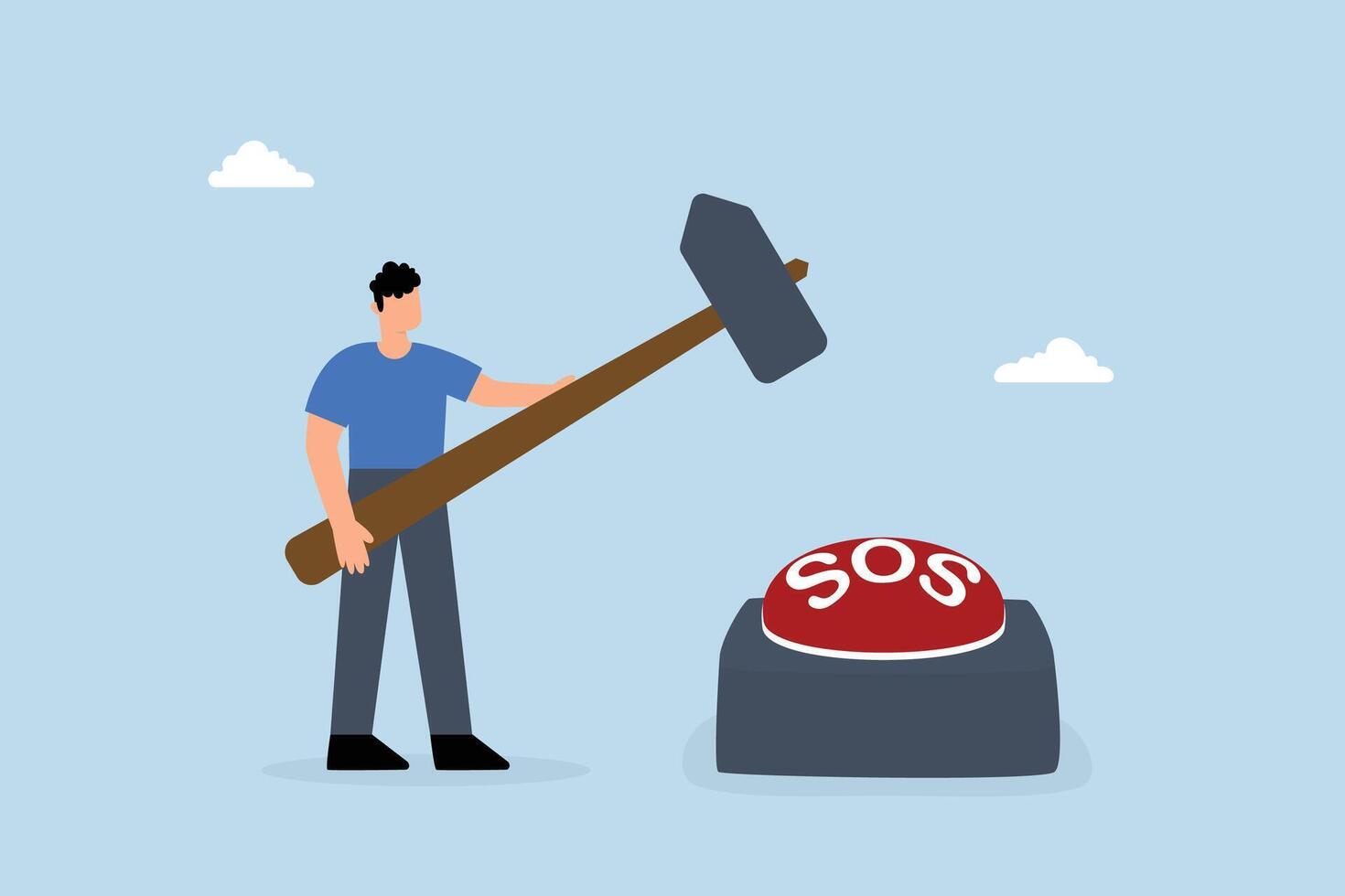 busy businessman hits SOS button with big hammer. vector