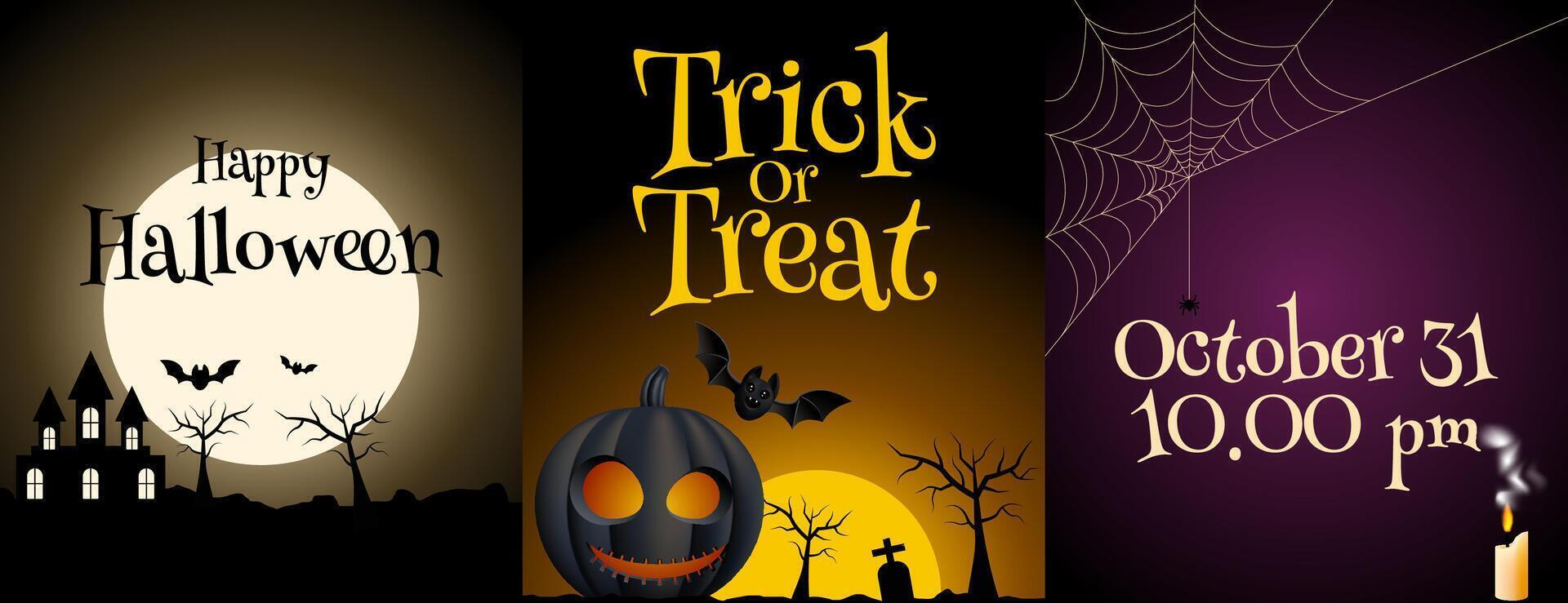 Halloween party invitation set with bats, pumpkins, and a spiderweb. Perfect for spooky Halloween party invitations or fallthemed events. vector
