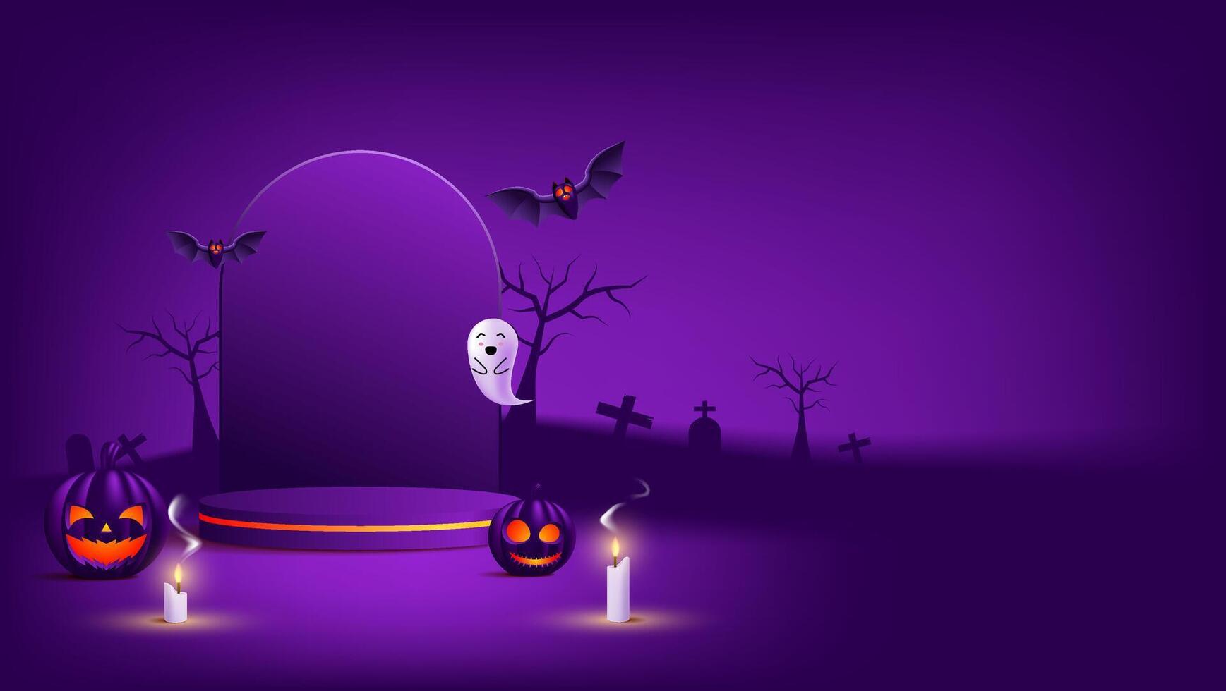 Purple Halloween background with pumpkins, bats, a ghost, and candles. Perfect for spookythemed designs, greeting cards, invitations, and Halloween promotions. vector