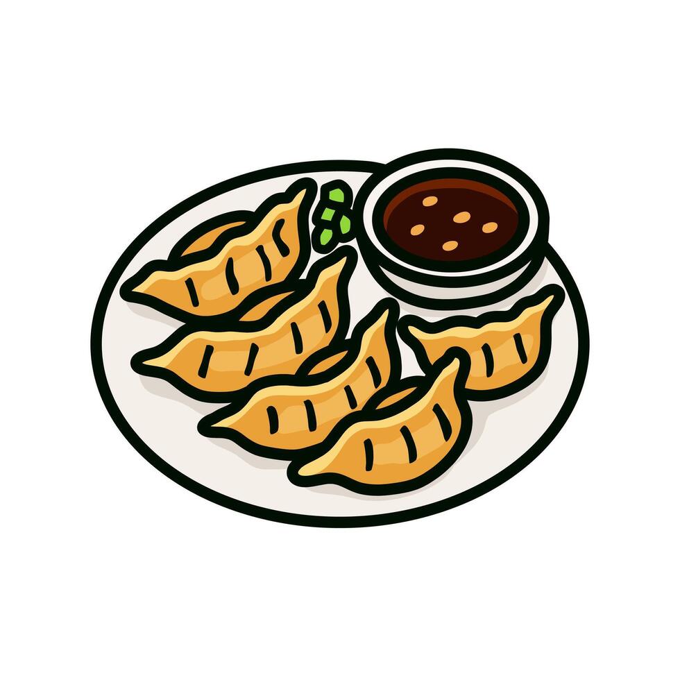 Cartoon style plate of golden dumplings with soy sauce and green garnish vector
