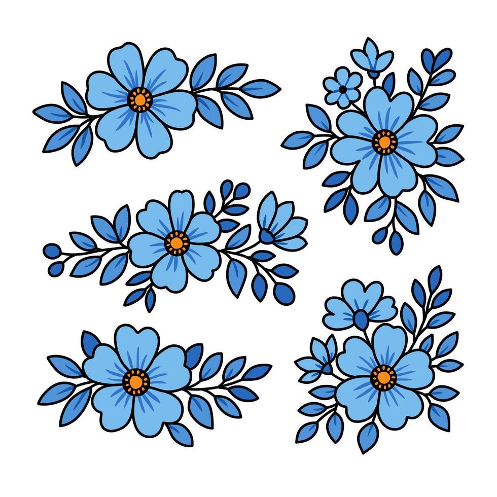Five Unique Blue Floral Arrangements with Orange Centers and Dark Outlines on White vector