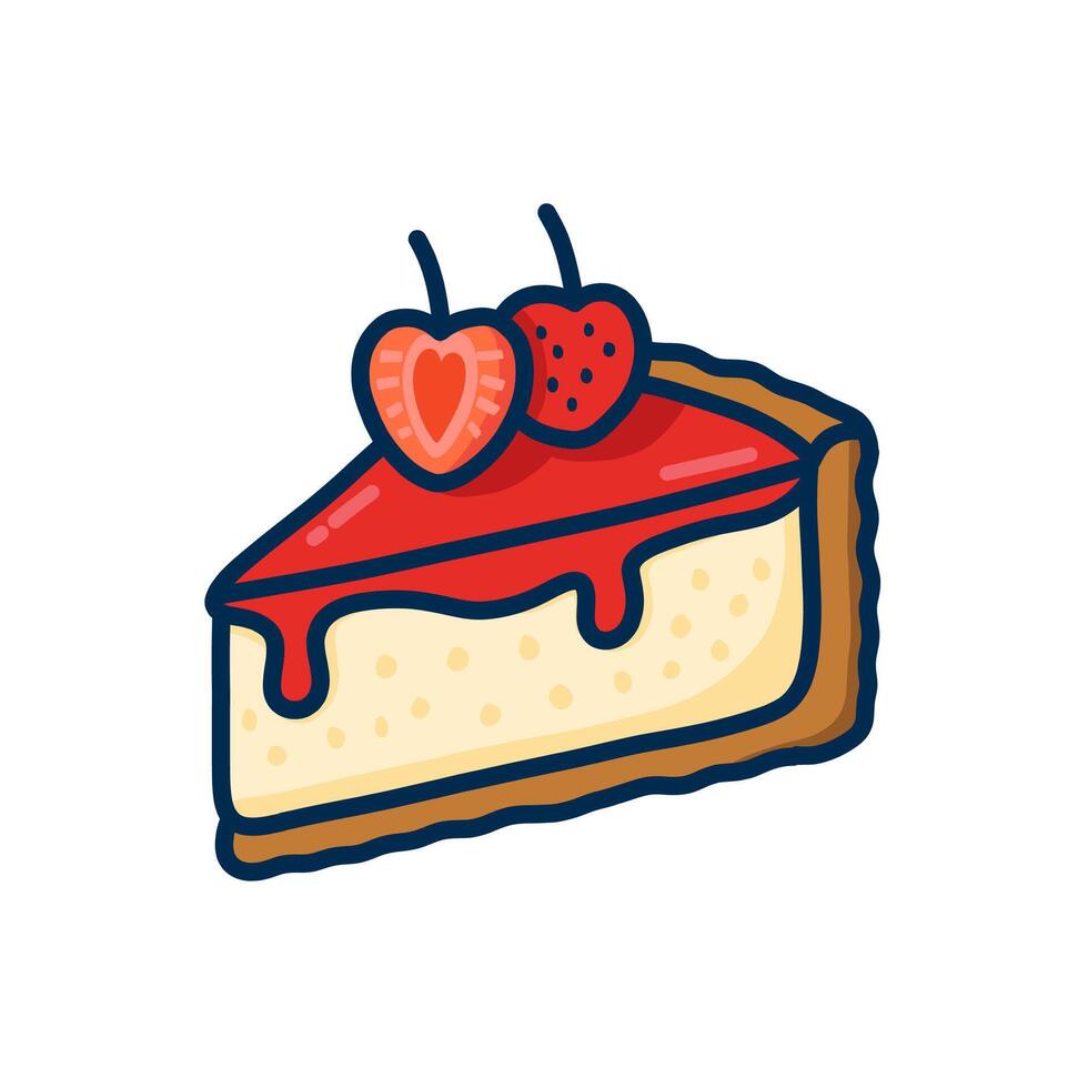 Cartoon cheesecake slice with strawberry glaze and strawberry heart topping Illustration vector