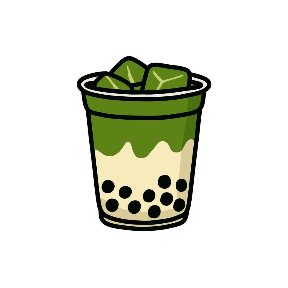 Cartoon Illustration of a Matcha Bubble Tea in a Disposable Cup vector