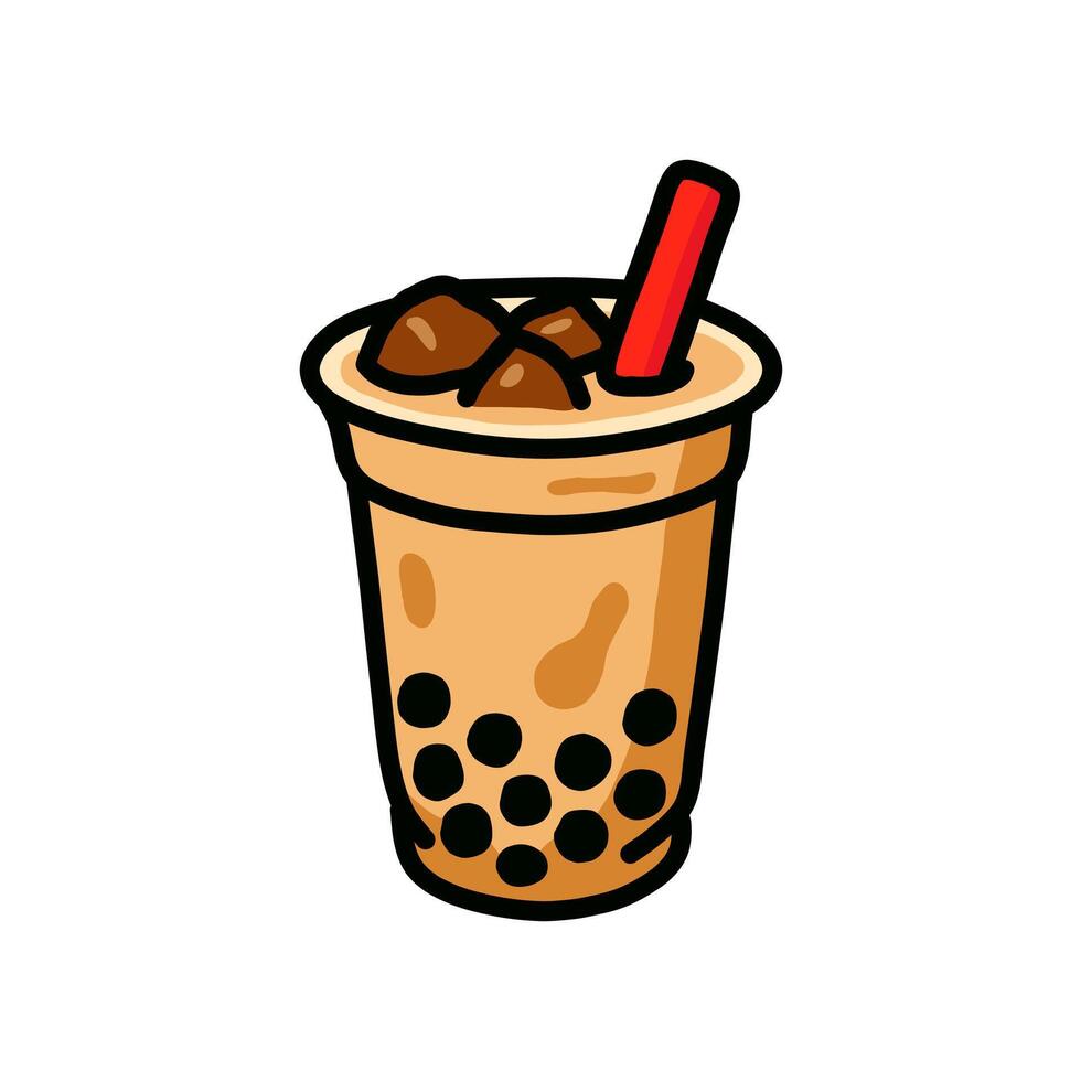 Cartoon Illustration of Boba Tea with Ice Cubes and Red Straw vector