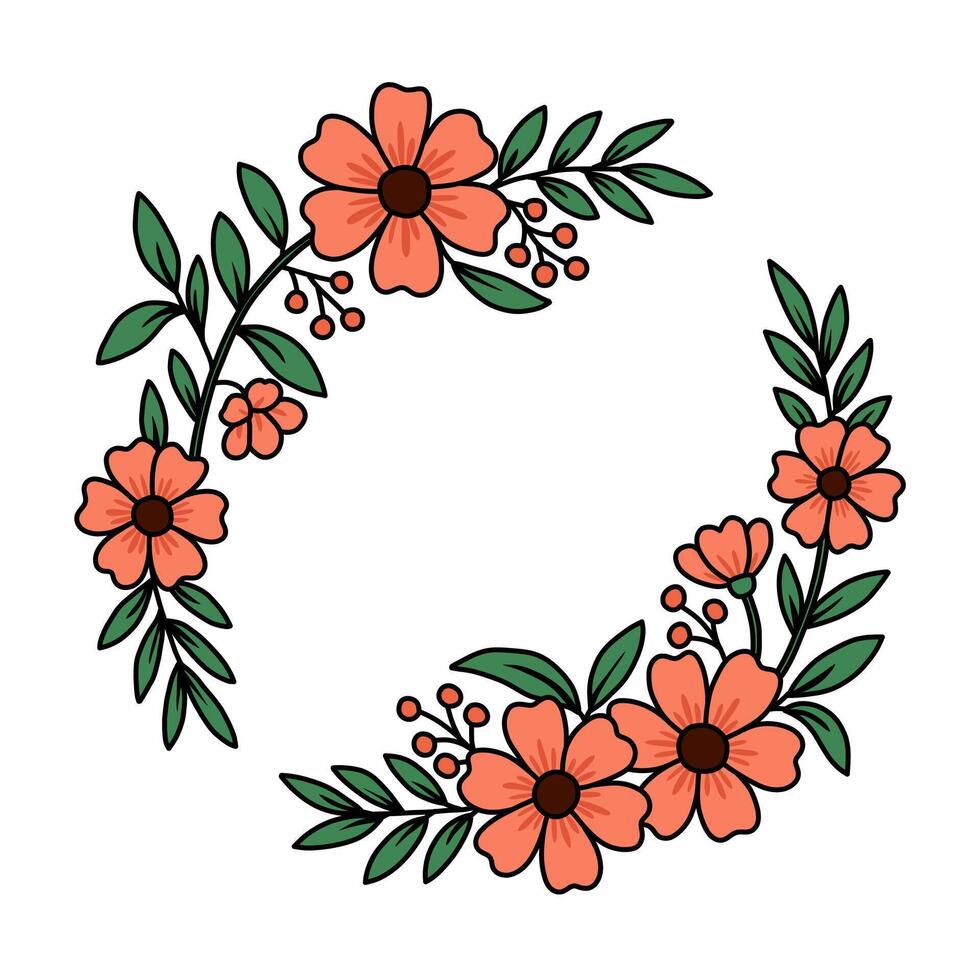 Floral Wreath Design with Orange Flowers and Green Leaves on White Background vector