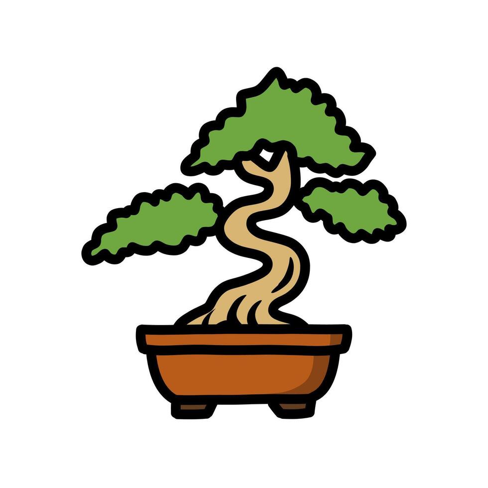 Cartoon Bonsai Tree in Brown Pot with Twisted Trunk Illustration vector
