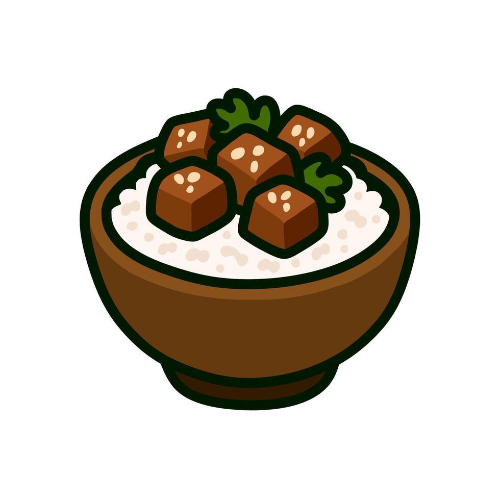 Delicious Brown Stew Cubes Served over Rice in a Wooden Bowl vector
