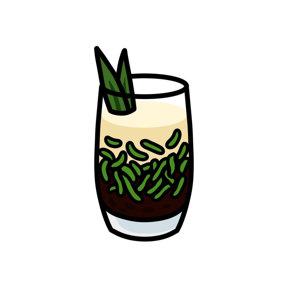 Colorful Cartoon Illustration of Cendol Dessert with Pandan Leaves vector