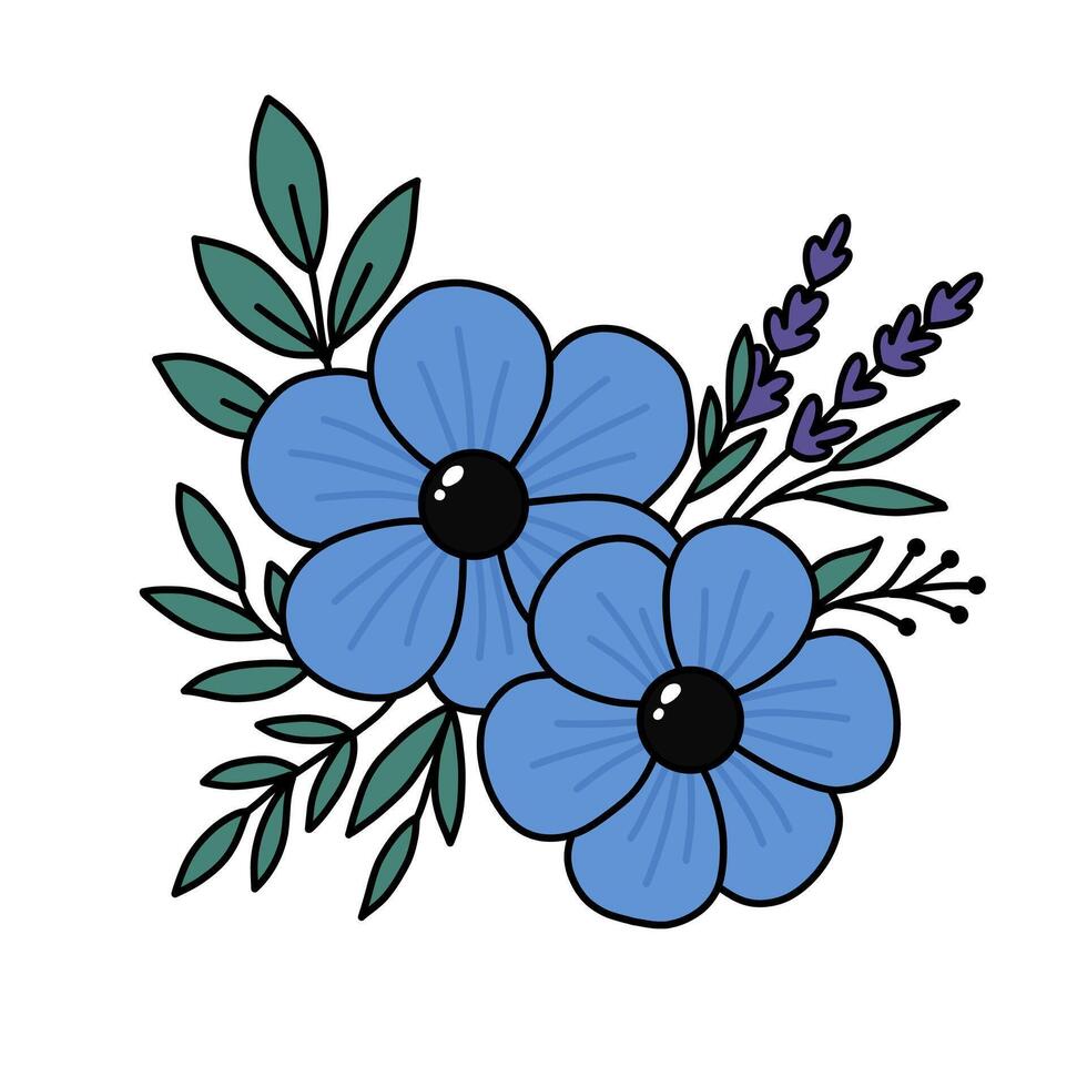 Stylized floral arrangement with blue blossoms, lavender sprigs, and green foliage on a white background vector