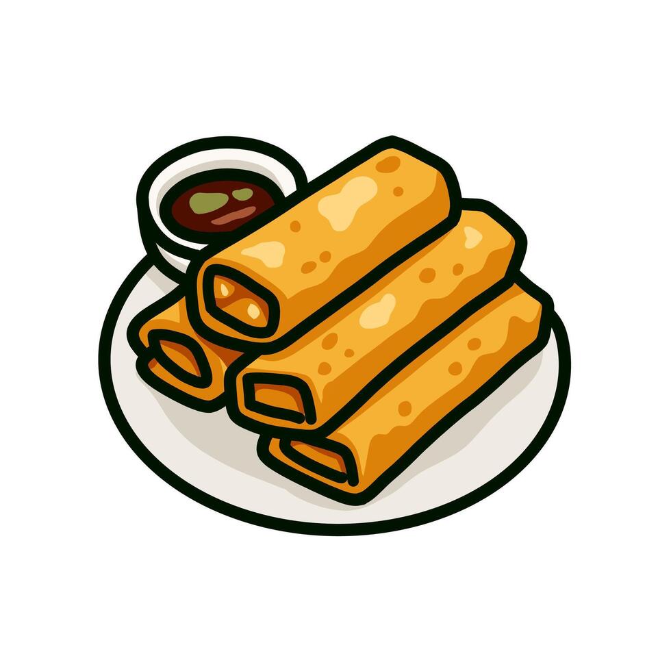 Crispy spring rolls stacked on a plate with dipping sauce, cartoon style vector
