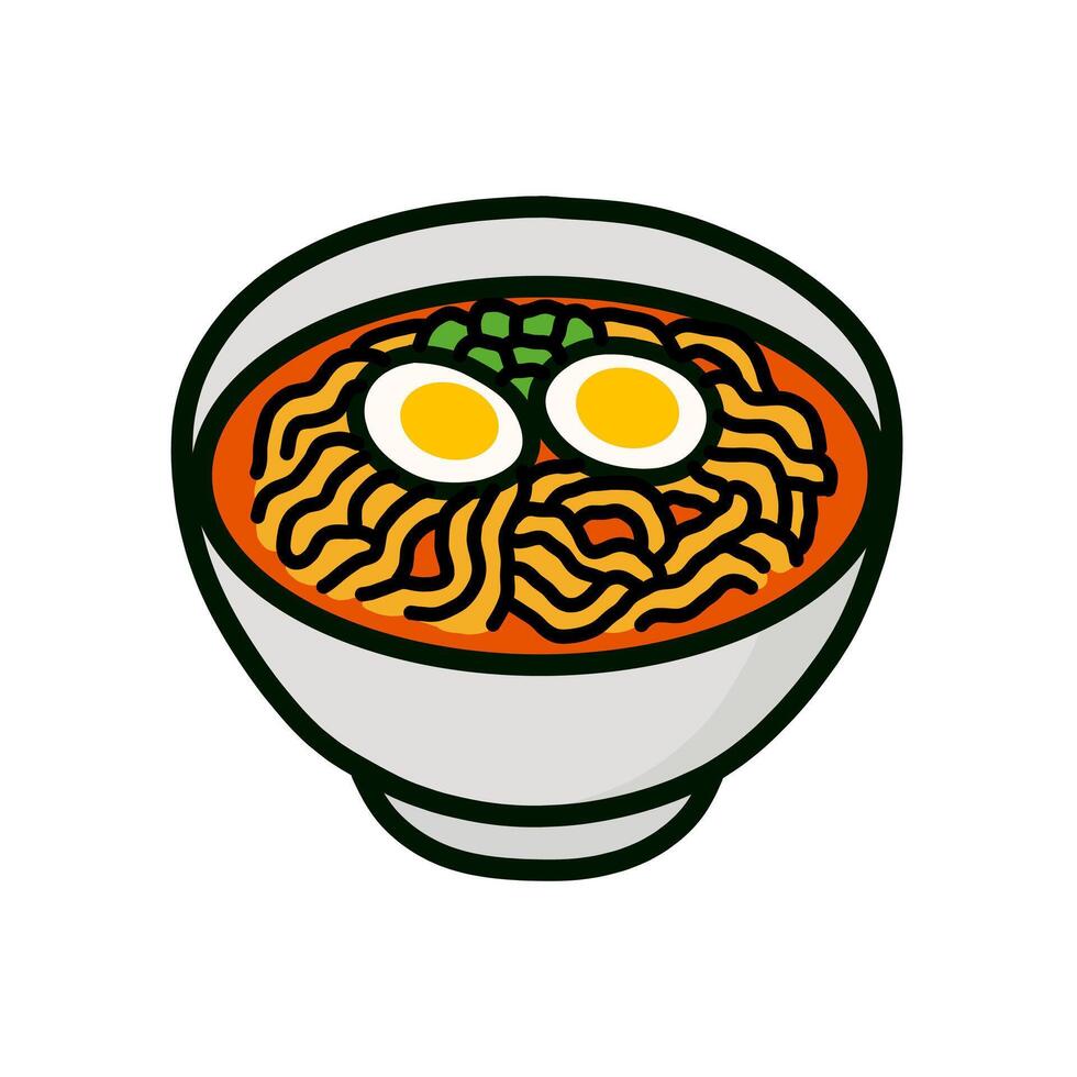 Delicious Ramen Bowl Illustration with Noodles, Eggs, and Green Garnish vector