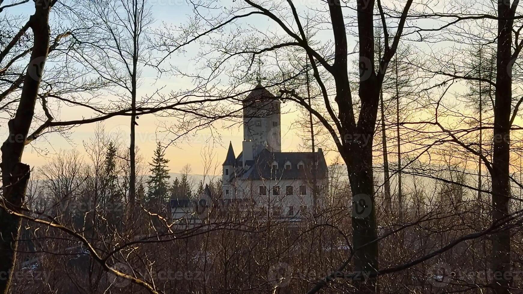 A breathtaking and serene view of a magnificent castle tucked away among lush trees at a misty winter sunset photo