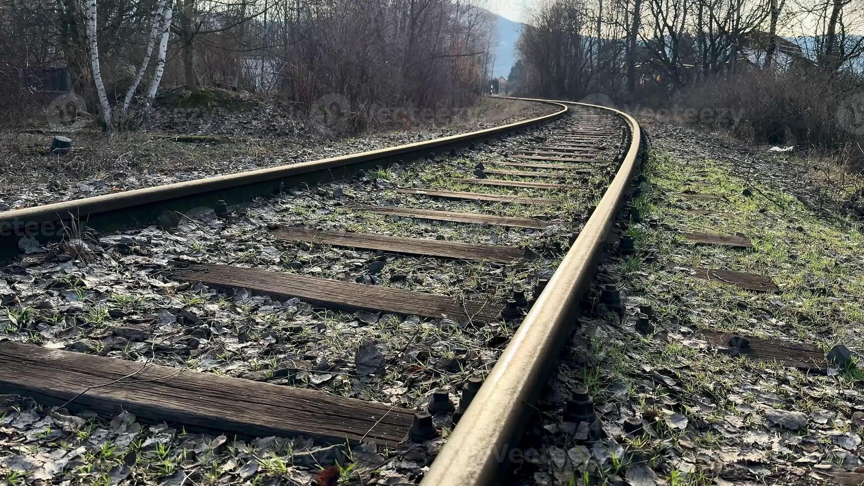 A beautiful and serene view of longabandoned railway tracks winding through a vast and overgrown landscape photo
