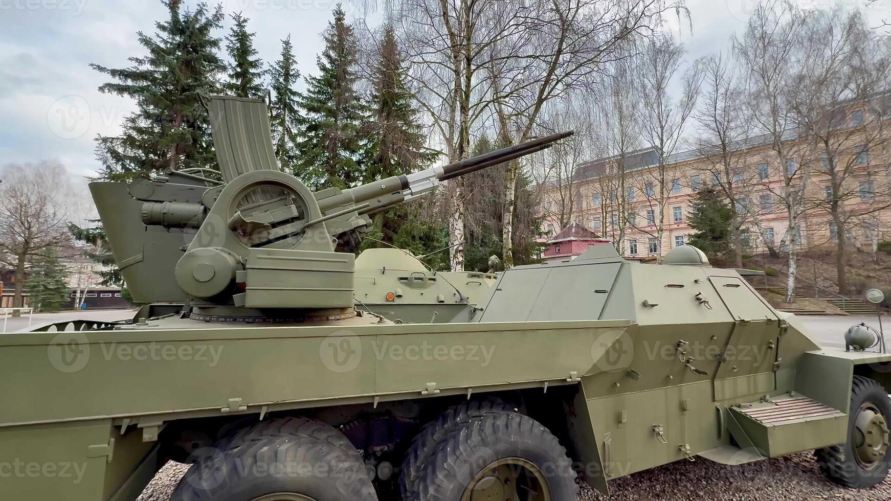 This photo shows a closeup of a military vehicle equipped with an advanced antiaircraft artillery system