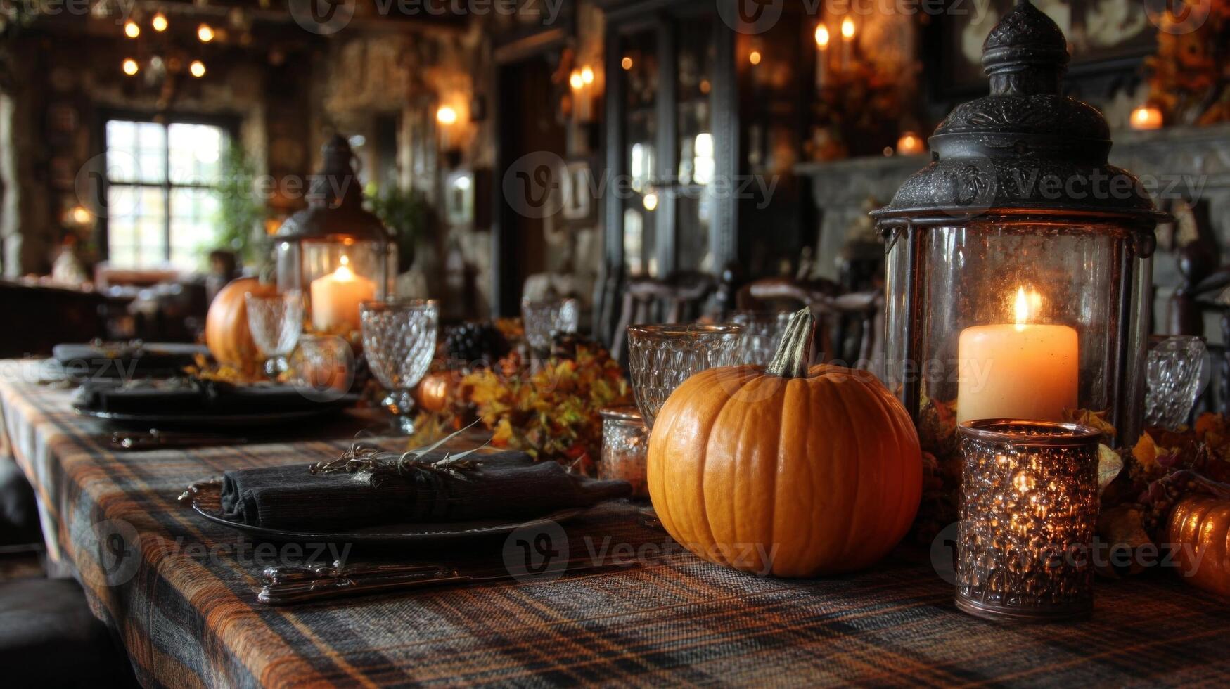 Rustic Autumn Table Setting with Pumpkins and Candles photo