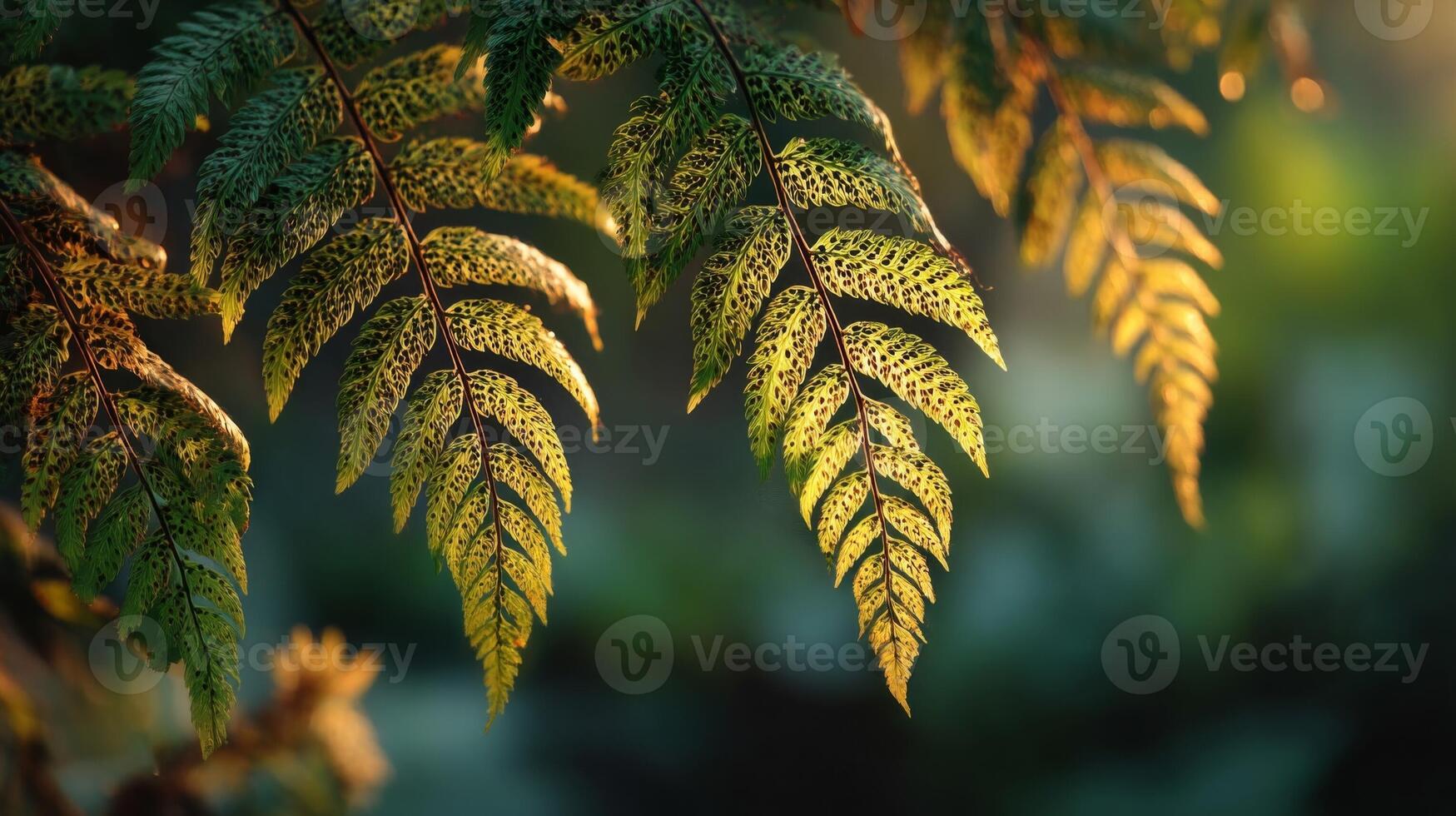 Closeup of Backlit Fern Leaves with Golden Hues photo