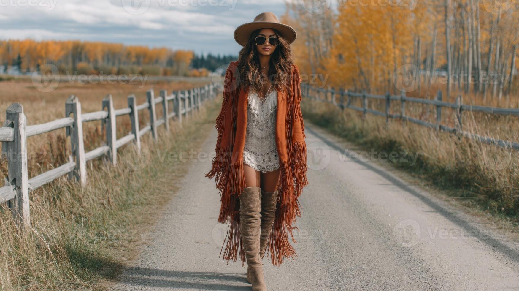 Woman in Orange Coat Walking Down Country Road in Autumn photo