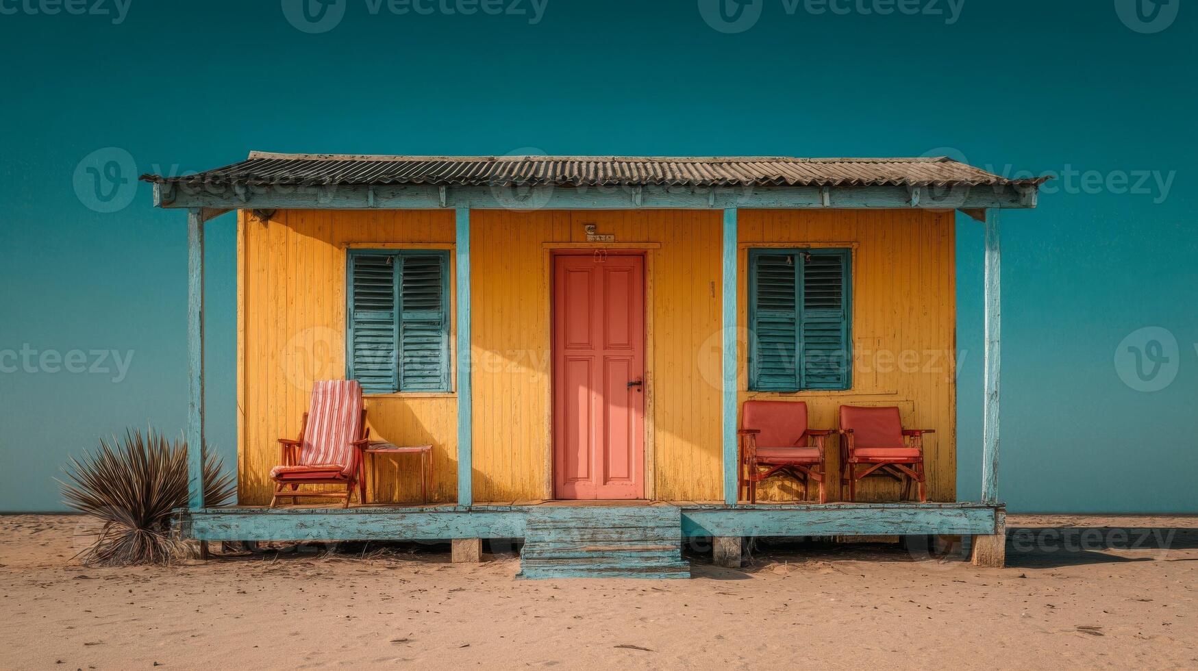 Yellow Beach House with Red Chairs under Blue Sky photo
