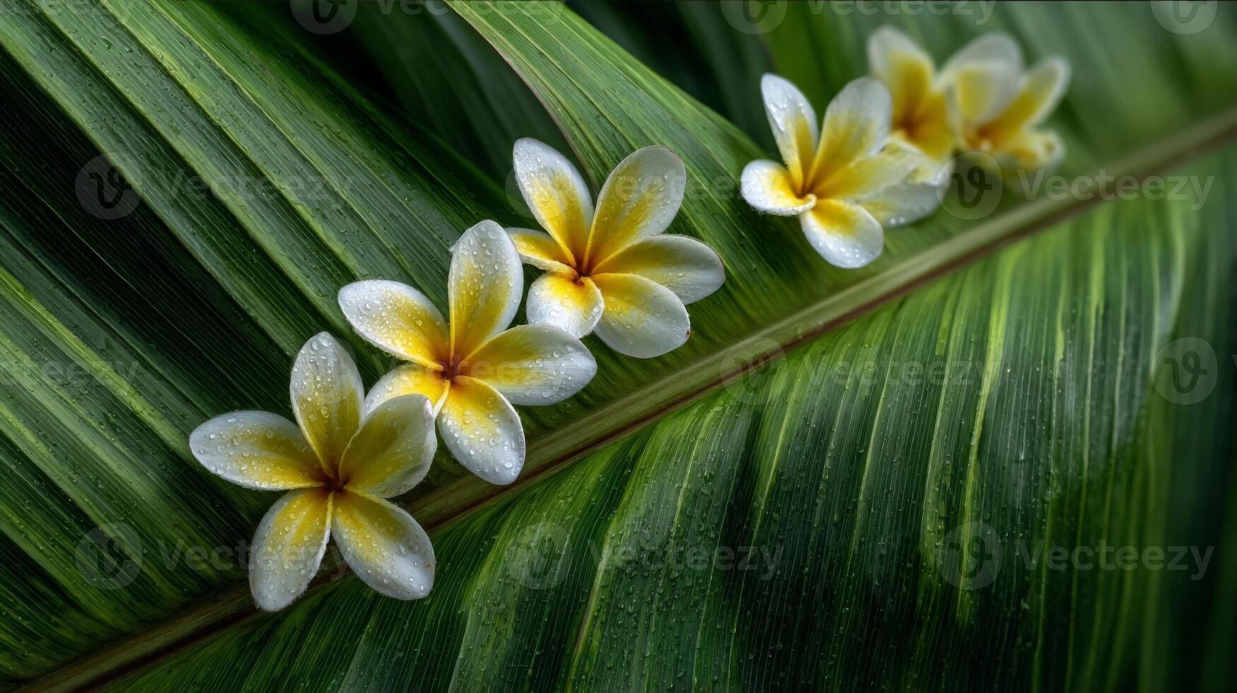 Five White and Yellow Plumeria Flowers on a Green Leaf photo