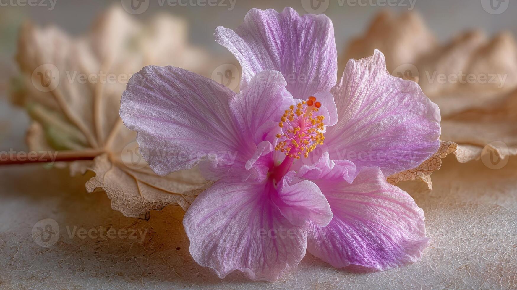 Delicate Pink Hibiscus Flower with Dried Leaves photo