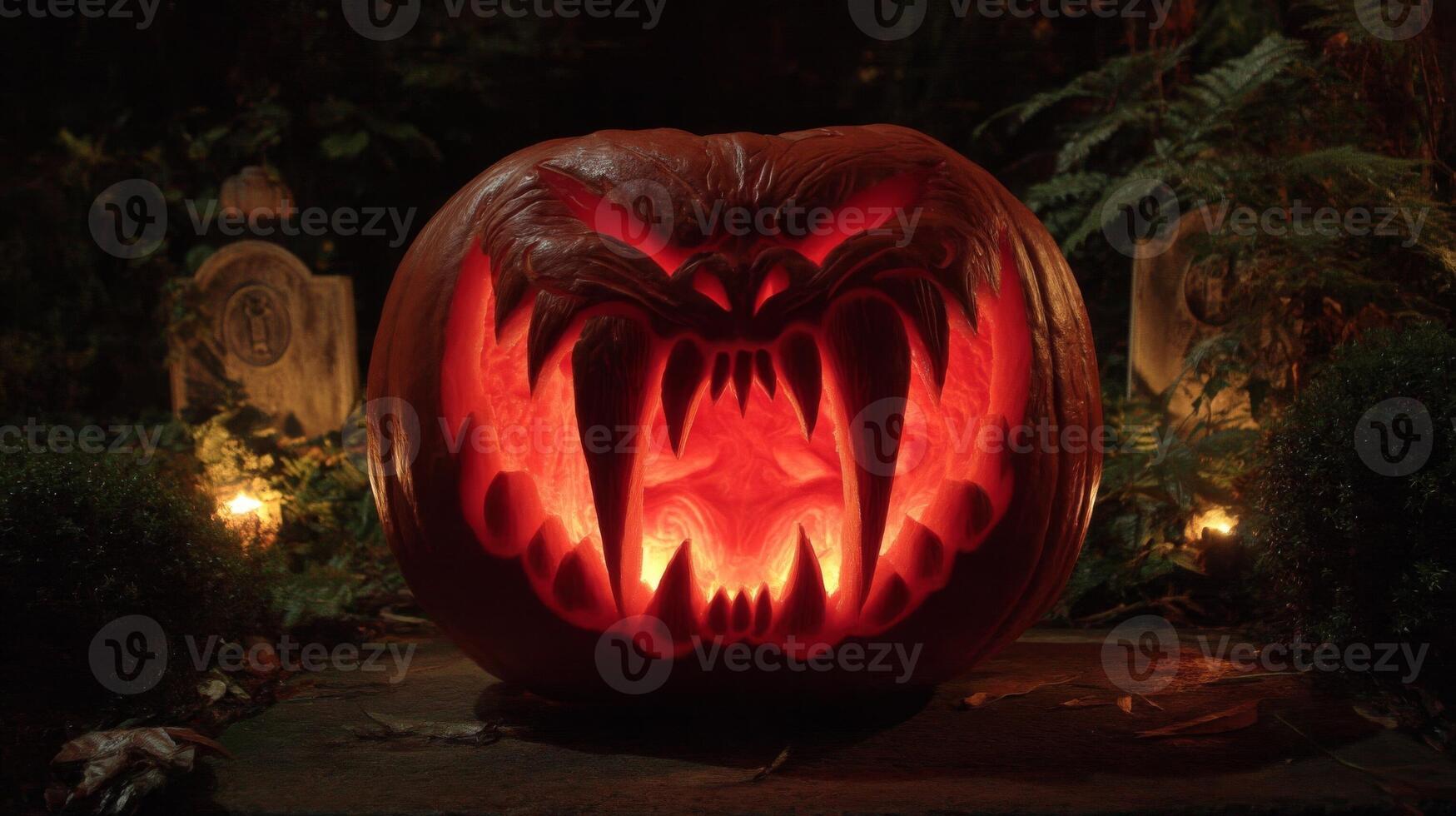 Glowing Carved Pumpkin with Fangs at Night photo