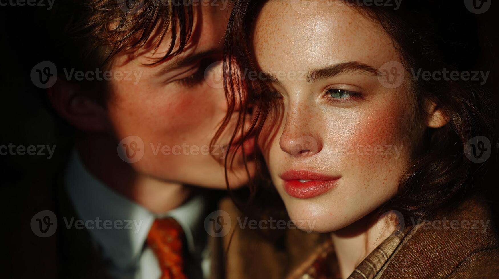 Close-Up Portrait of a Romantic Couple in Warm Sunlight photo
