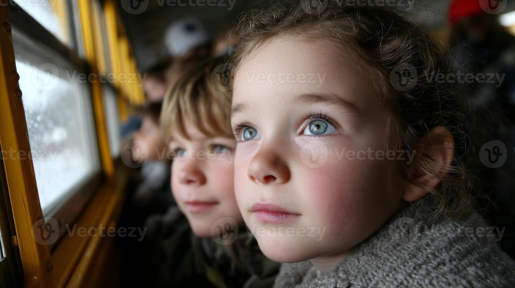 Two Children Look Out Bus Window on Snowy Day photo
