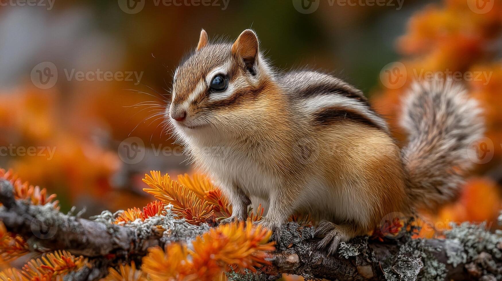 Closeup of an Adorable Chipmunk on a Branch with Autumn Leaves photo