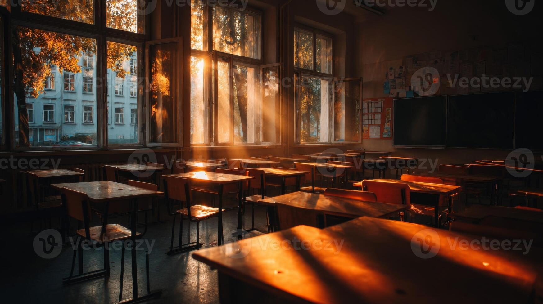 Empty Classroom Sunlit Desks and Chairs photo