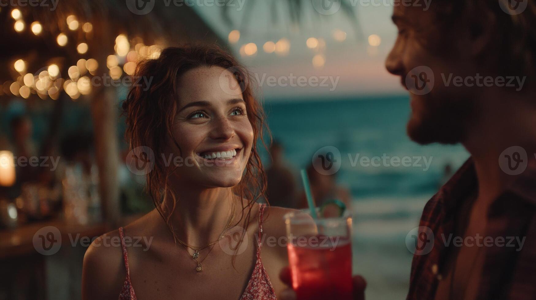 Smiling Couple Enjoying Drinks at a Beach Bar at Sunset photo