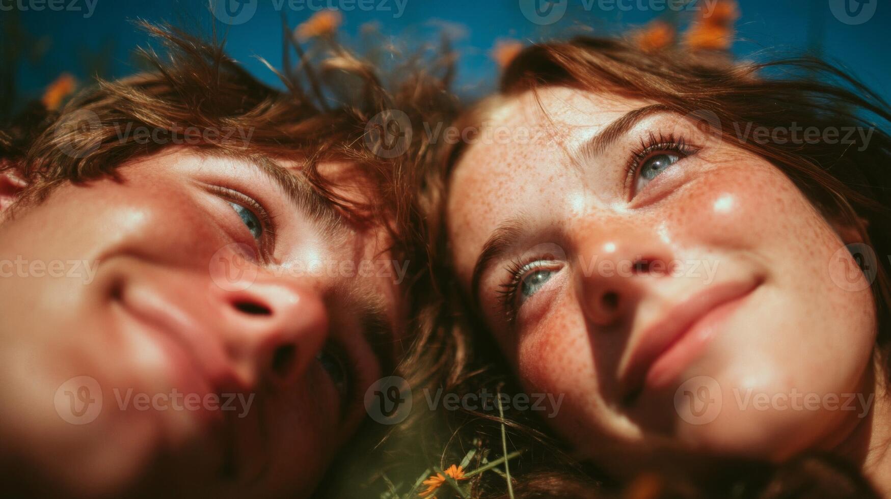 Close Up Portrait of Happy Young Couple Lying in a Field of Flowers photo