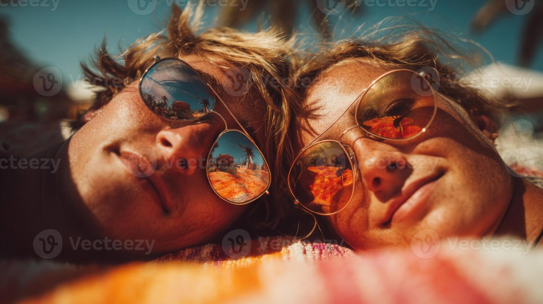 Young Couple Relaxing on Beach in Summer Sunlight photo