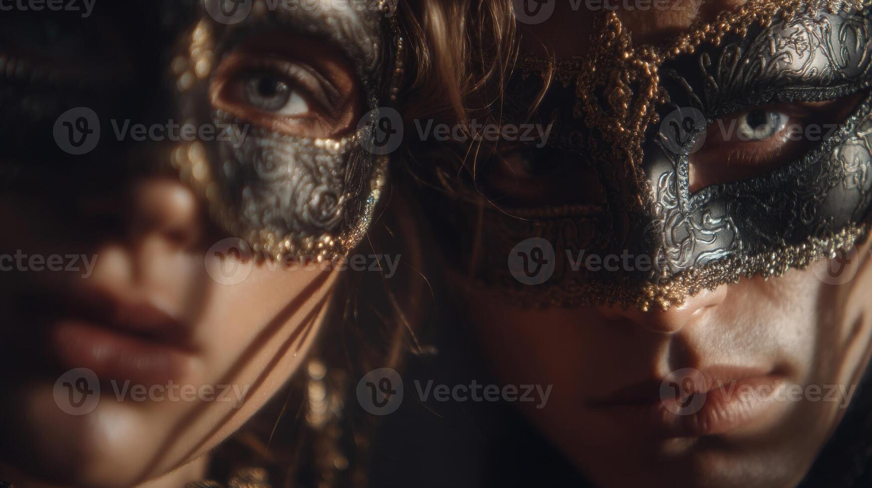 Close-up Portrait of a Couple Wearing Ornate Masquerade Masks photo