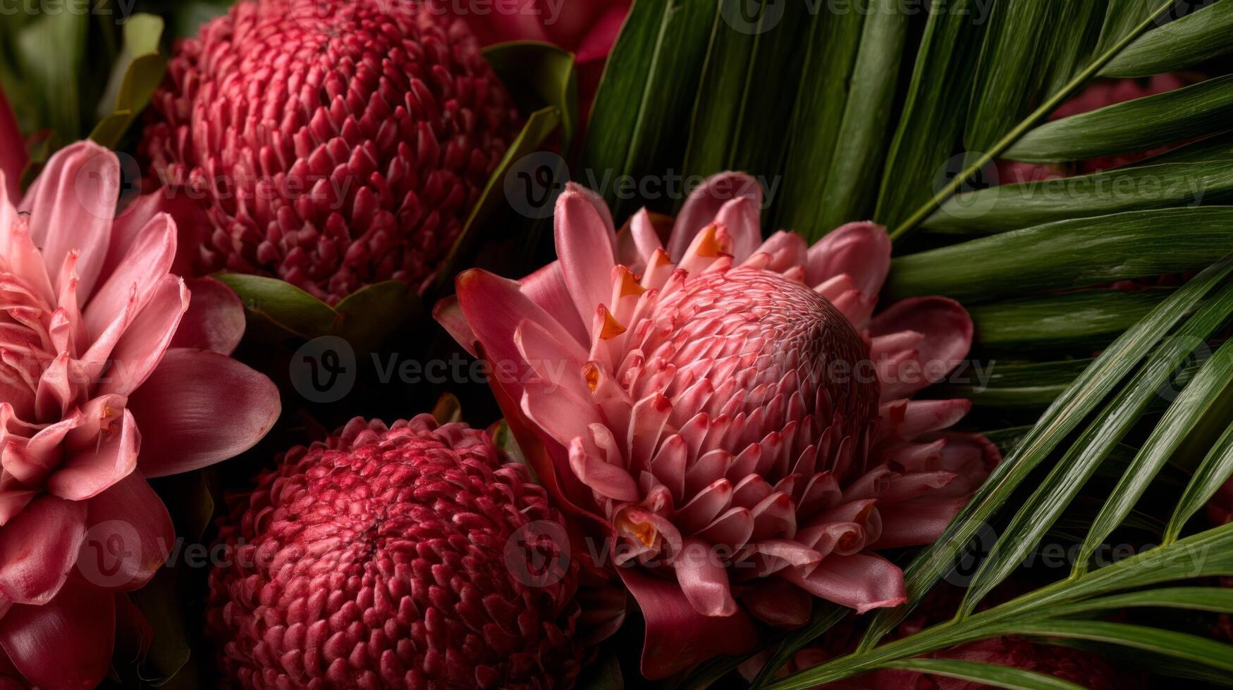Closeup of Deep Pink Tropical Flowers with Lush Green Leaves photo