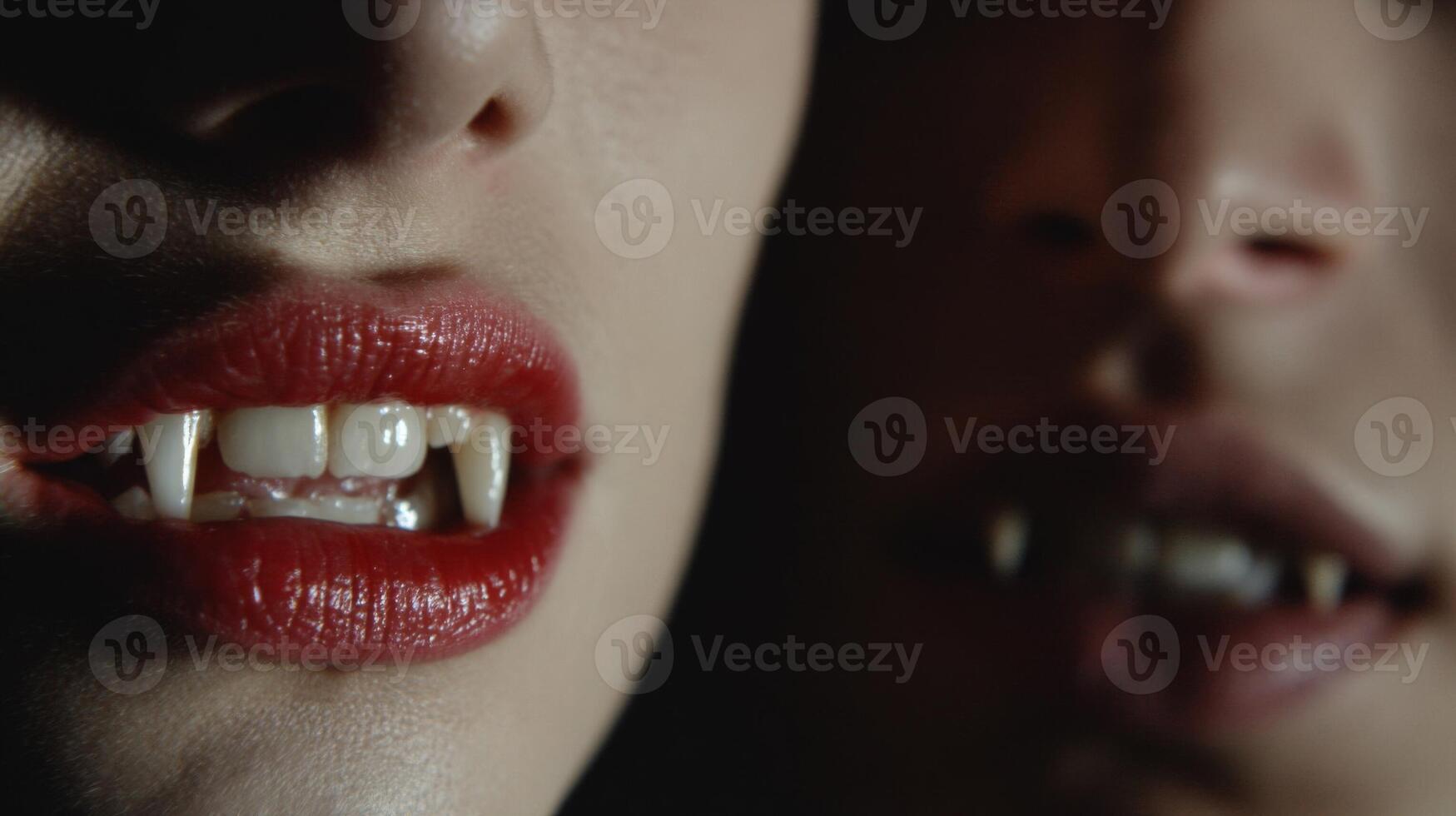 Close Up Portrait of Two Women with Fangs and Red Lipstick in Dark Lighting photo